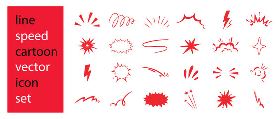 Red Comic Speed Line and Motion Effect Set, Hand Drawn Boom Burst, Explosive Smoke, Energy Action Elements, Cartoon Doodle Sketch Icons for Dynamic Impact Design, Stock Illustrator  © sansala
