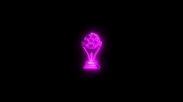 Glowing neon soccer trophy animation on black background, for sports branding, football