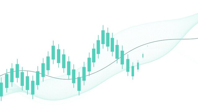 Candlestick chart with flowing wave lines animation, Candlestick chart and flowing wave-like white lines, minimal financial concept image.