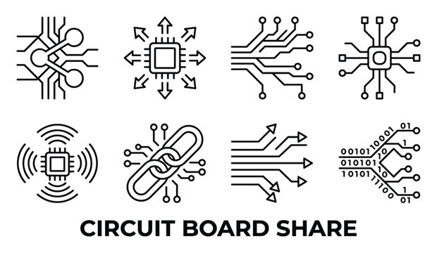Set of eight circuit board share icons line art style.