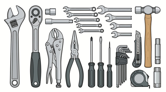 A flat lay illustration of various hand tools arranged on a plain white background for DIY or repair purposes.