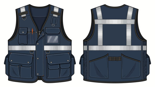 Detailed illustration of a navy blue safety vest with reflective strips and multiple pockets, shown from both front and back on a white background.