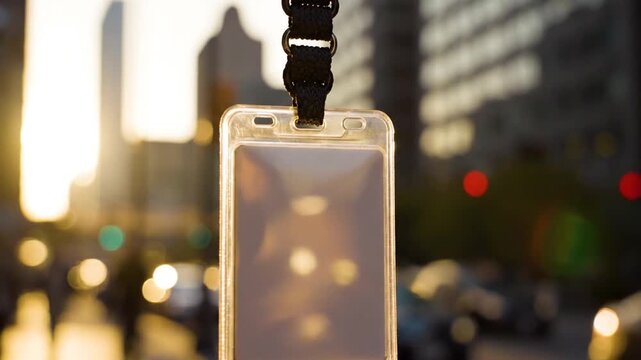 Blank identification badge holder hanging against a blurred city street background during sunset