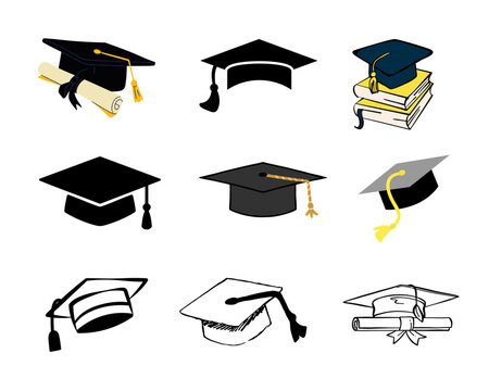 Vector icon set featuring various classic academic mortarboard caps and graduation hats in black and yellow. Clean graphic design collection for educational and university layouts.