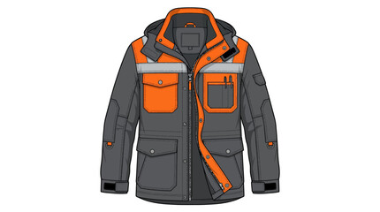 Fototapeta premium High-visibility gray and orange safety jacket with multiple pockets on a white background.