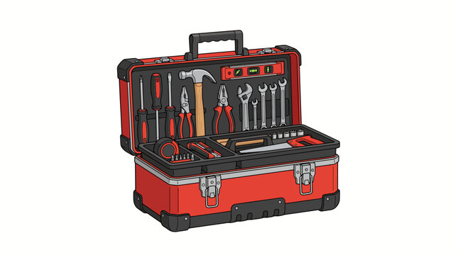 Open red toolbox with various metal tools inside on a plain white background.