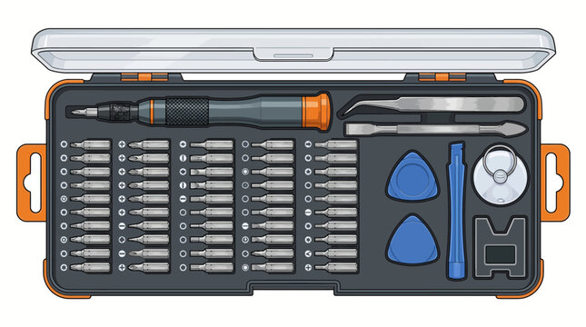 An open toolbox containing various tools including a screwdriver, screw bits, and other equipment on a clean white background.