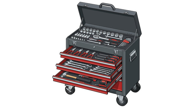 A black and red tool chest on wheels with open lid and drawers filled with various tools on a plain white background.