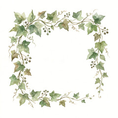 Fototapeta premium Watercolor ivy vine frame clip art with subtle green leaves and berries