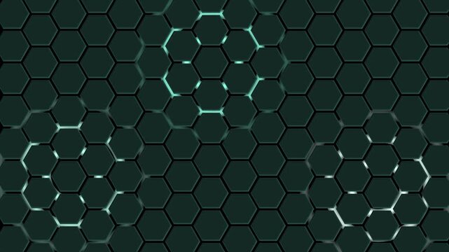 Dark hexagonal honeycomb pattern background animation, Hexagonal honeycomb pattern with three highlighted clusters and subtle glossy reflections