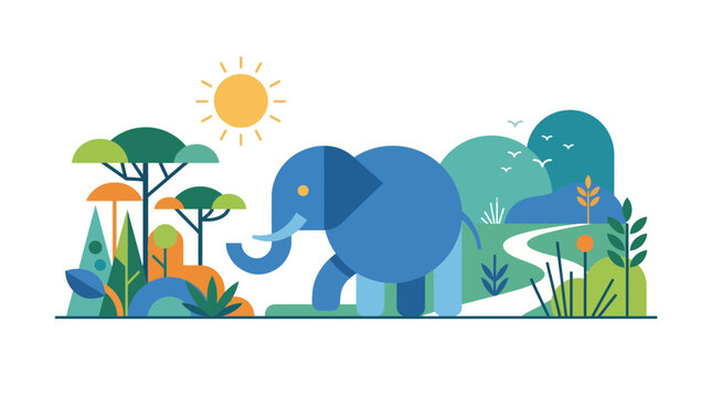 Stylized flat vector illustration of a cute blue elephant walking through a colorful jungle landscape with abstract trees, sun and a winding path