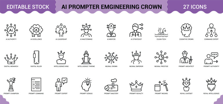 Ai prompter engineering crown icons collection for digital leadership and neural intelligence design.