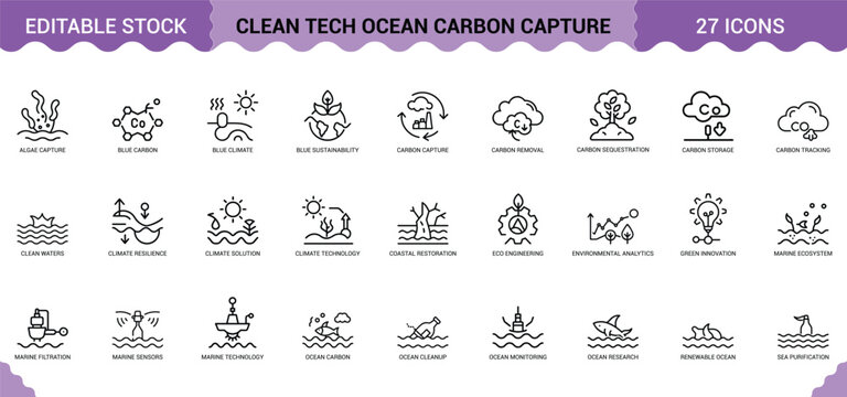 Clean tech ocean carbon capture icons set for marine environmental protection and climate solutions.
