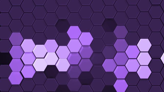 Monochrome hexagonal tile pattern background animation, hexagonal tile pattern with lighter hexagons forming abstract shapes against darker background