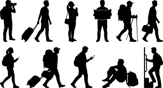 Silhouettes of travelers and tourists with luggage and backpacks vector illustration