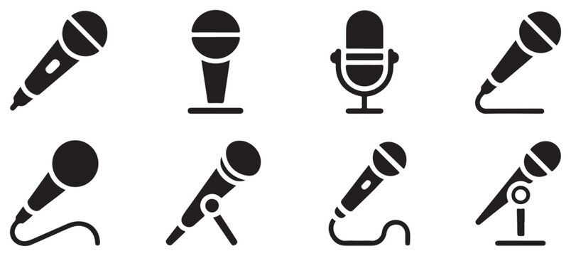 Set of 8 handheld and stand microphones on transparent background for audio visuals.