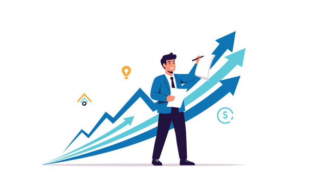Businessman standing in front of rising success arrows while taking notes to track growth and financial progress.