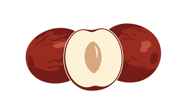 Group of ripe jujube fruits with one cut in half showing the inner seed and white flesh on a plain white background.
