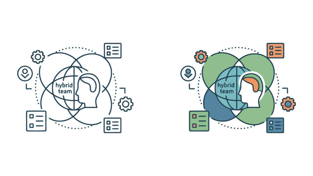 Global hybrid team workforce management concept vector illustration with world globe and diverse professional icons for remote collaboration and international business operations strategy