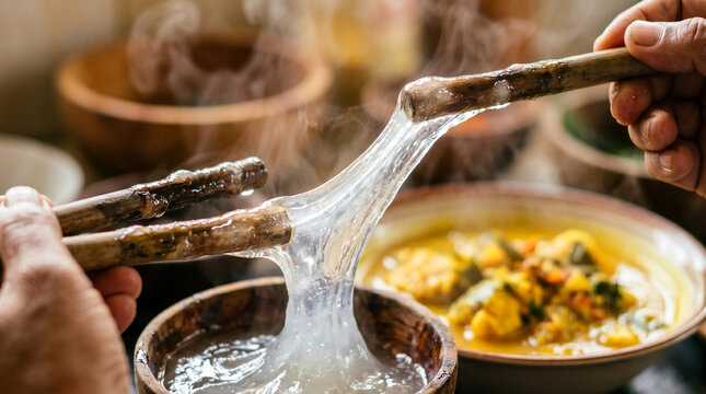Extreme Close-Up of Stretching Papeda Texture and Steam