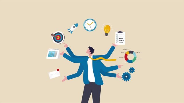 Multitasking Businessman with Six Hands | Productivity Concept Flat Animation 4K