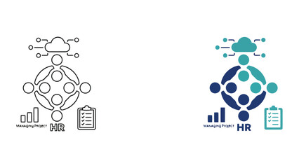 Fototapeta premium Project management and human resources organization icons with cloud computing and checklist symbols in outline and teal graphic design styles for modern business administration and workflows