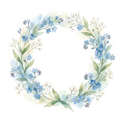 Fototapeta premium Watercolor frame clip art of forget-me-nots and baby's breath wreath