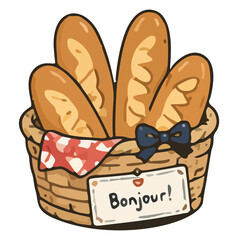 Fresh French Baguette Bread Loaves in Wicker Basket with Bonjour Sign © priska