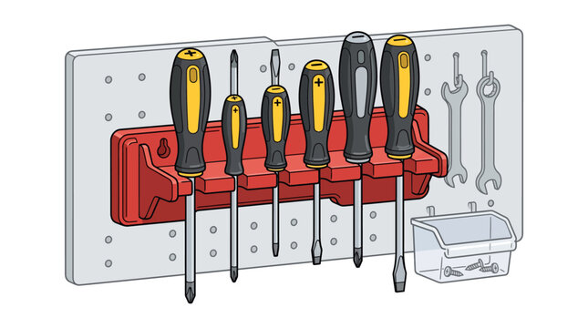 A well-organized pegboard with screwdriver set against a clean white background with shallow focus on tools.