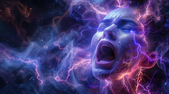 Surreal face releasing electric energy and emotion, AI-generated.