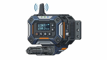 Close-up of a rugged handheld device with antenna and digital display on a white background. © huda