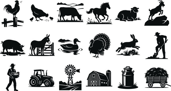 WebFarm animals and agriculture silhouette icons set featuring livestock farming equipment countryside landscape and farmers working