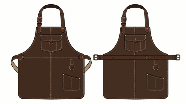 Two brown aprons with pockets and straps on a white background, one with adjustable neck strap.