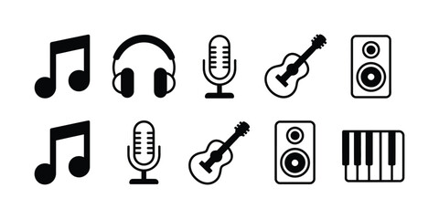 Music Icons with Musical Notes, Headphones, Microphone, Guitar, Speaker, and Piano Keyboard in Black Vector Styles © Sidratul Muntaha 4