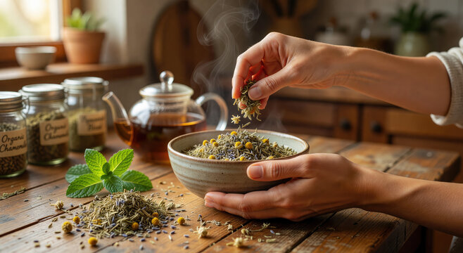 Woman preparing herbal tea by adding dried chamomile and lavender to bowl. Organic dried flower and herb blend for natural wellness and relaxation. Healthy tea infusion preparation concept.