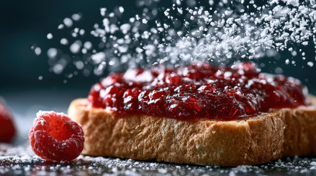 Raspberry jam on toast with falling powdered sugar. Delicious breakfast bread snack isolated on dark background. Culinary concept of sweet food preparation for bakery or restaurant menu.