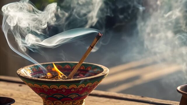 Incense burning in colorful bowl with aromatic smoke rising gently reflecting spiritual indian ritual and peaceful ayurveda tradition atmosphere