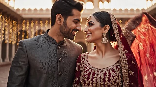 Indian couple in traditional wedding attire embracing warmly in a beautifully lit courtyard at sunset