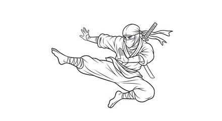 Obraz premium A ninja in traditional attire mid-kick with a sword strapped to their back against a white.