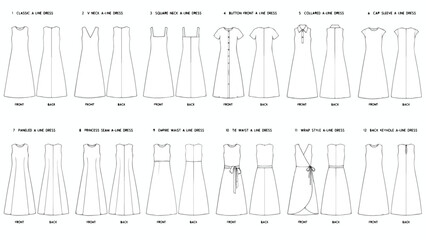 Fototapeta premium Fashion technical sketches of 12 a-line dress styles, professional garment flat drawings for apparel design, vector clothing templates for manufacturing