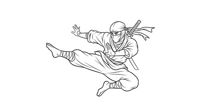 A ninja in traditional attire mid-kick with a sword strapped to their back against a white.