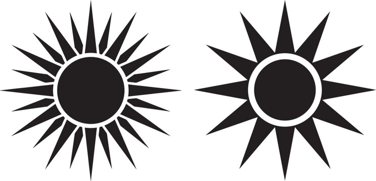Two stylized sun icon silhouettes with sharp light rays isolated on white background silhouette isolated graphics