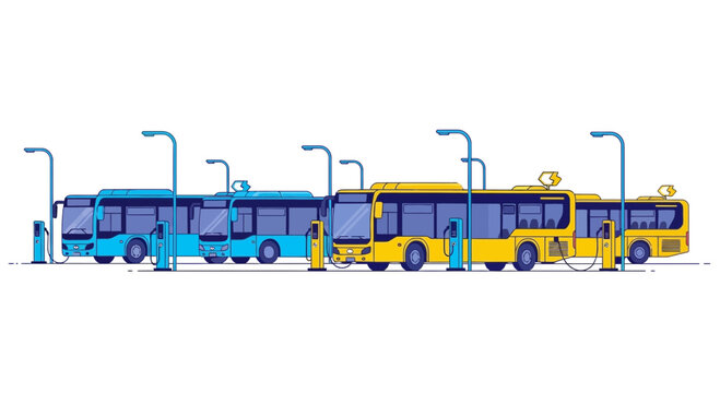 Electric Buses Charging at Station, Sustainable Urban Transport Concept