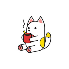 Cute white cat holding steaming mug of cocoa. © MD HANIFA BHUYAN