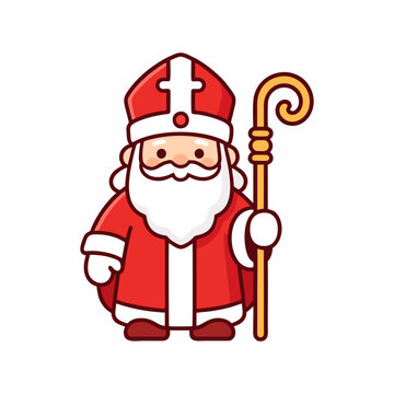 Cute Sinterklaas Character Wearing Mitre and Holding Crosier Staff Vector Illustration
