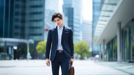 Fototapeta premium ビジネススーツを着て屋外のオフィス街を浮かない表情で疲れた様子で歩く日本人男性モデル・ビジネスマンのポートレート