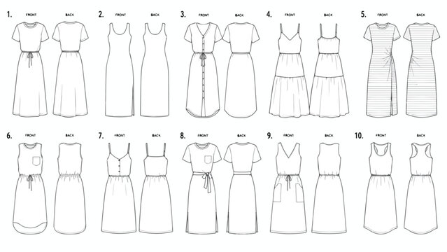 Fashion technical sketches of 10 women's dresses, apparel design flat drawings for manufacturing, clothing line sheet with front and back views