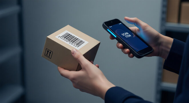 Warehouse barcode scanning with mobile device, worker hands holding cardboard box package, inventory management and logistics tracking