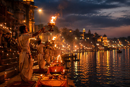 Devotional aarti ceremony performed by indian priests holding holy fire lamps at illuminated river ghat during festive ganga dussehra and ganga puja night celebration event