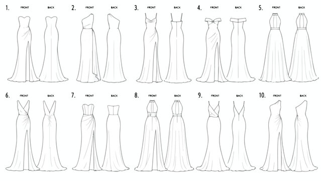 Fashion technical sketches of 10 evening dresses, front and back view garment flats, formal gown vector templates for apparel design and manufacturing